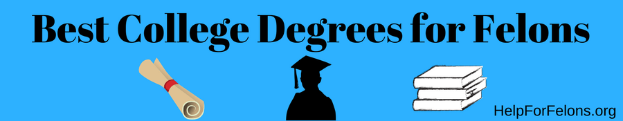 Image of a college degree scroll, a person wearing a graduation cap and gowned with college books. The caption reads " Best College Degrees for Felons."