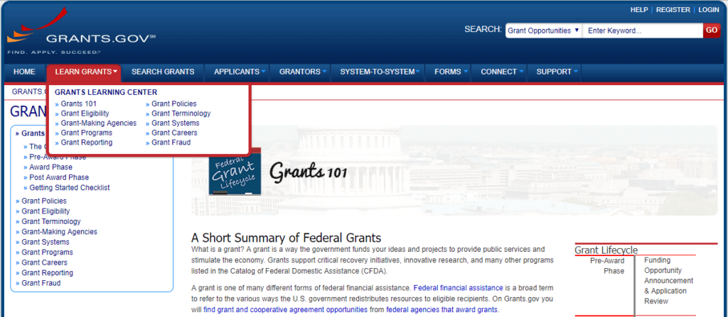 Image screen shot of grants.gov detailing where to learn about grants.