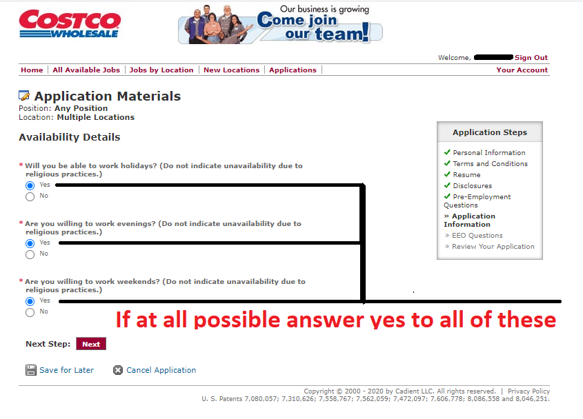 Image of the Costco applications regarding availability. 