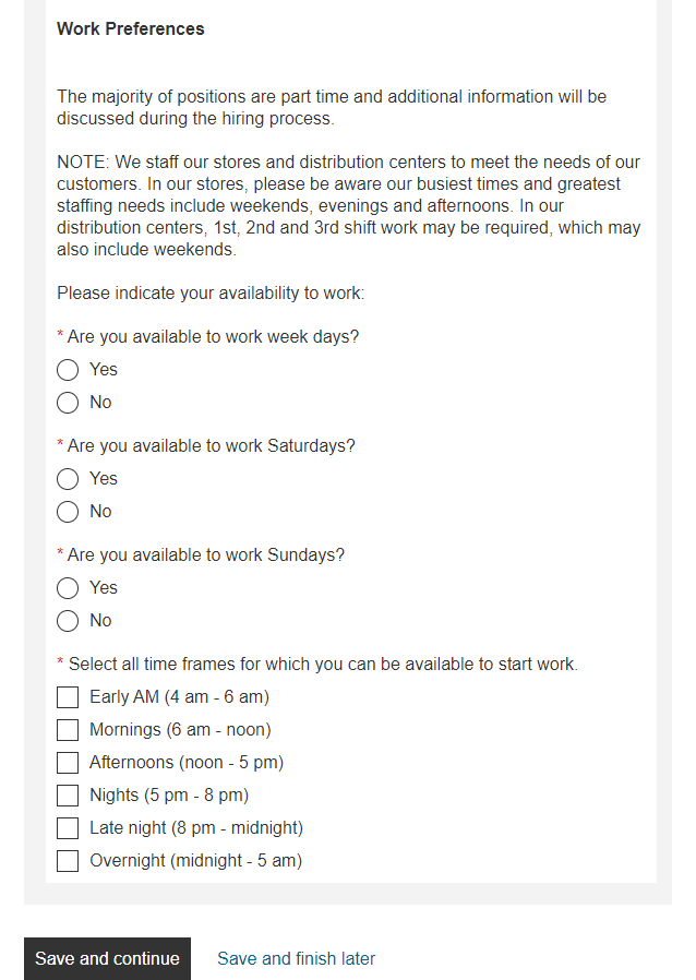 Image of the home depot application questions about availability.