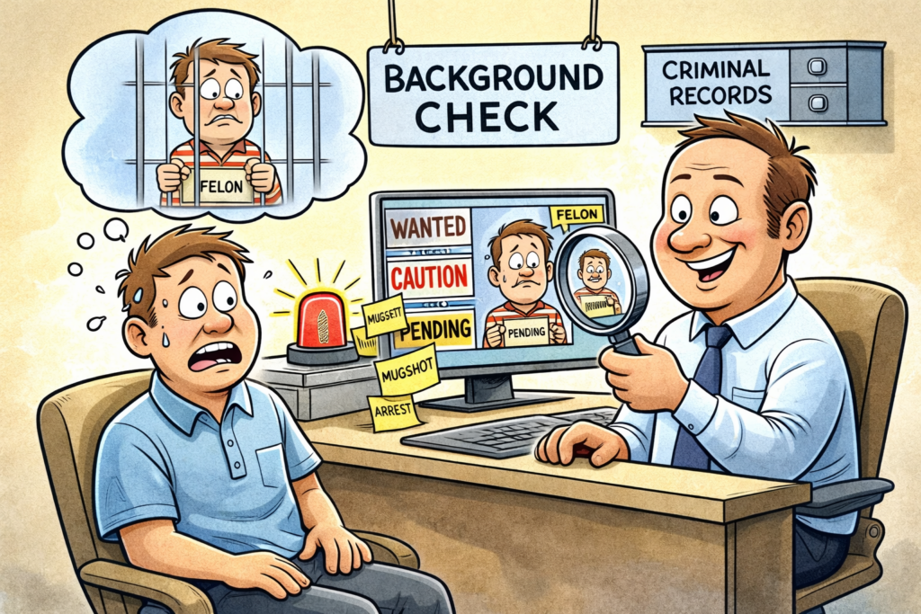 Funny cartoon illustration of a nervous felon job applicant sitting at a desk during a background check while a smiling office worker examines his file with a magnifying glass, with signs reading “Background Check” and “Criminal Records” in the office.