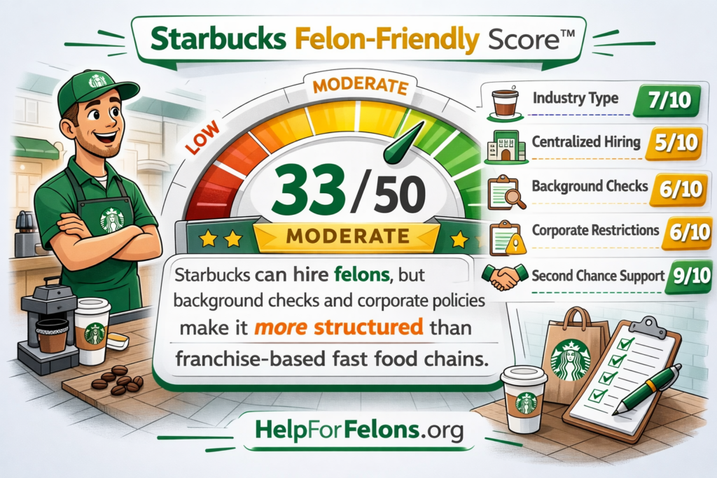 Cartoon-style meter graphic showing Starbucks Felon-Friendly Score™ of 33 out of 50 in the moderate range, with green gauge and HelpForFelons.org watermark.