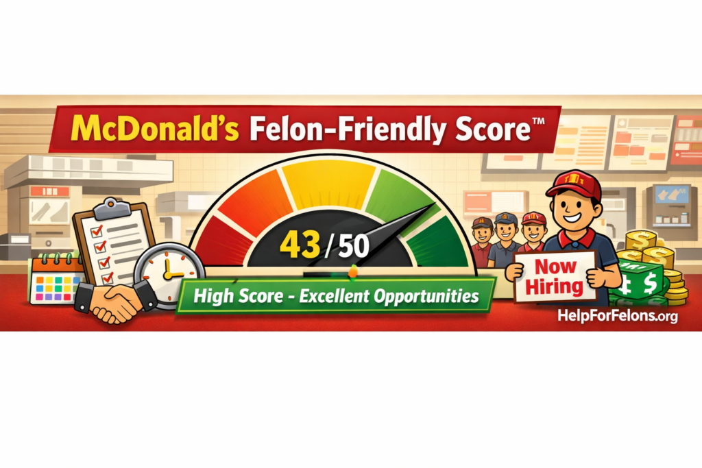 Wide cartoon-style banner showing a McDonald’s Felon-Friendly Score™ meter at 43 out of 50 in the high-opportunity range, with hiring icons, a “Now Hiring” sign, and a HelpForFelons.org watermark.