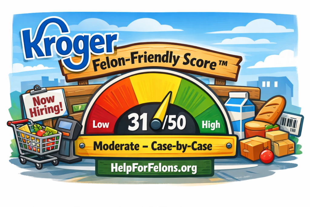 Cartoon-style meter infographic showing Kroger Felon-Friendly Score™: 31/50 (Moderate–Case-by-Case) with a needle in the yellow range, “Now Hiring” sign, grocery cart and store items, and a visible HelpForFelons.org watermark.