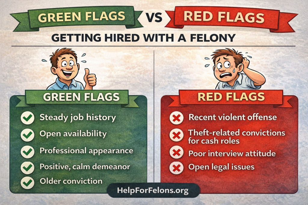 Infographic titled “Green Flags vs Red Flags: Getting Hired With a Felony” comparing positive hiring factors like steady job history and open availability against red flags like recent violent offenses and poor interview attitude, with a HelpForFelons.org watermark.