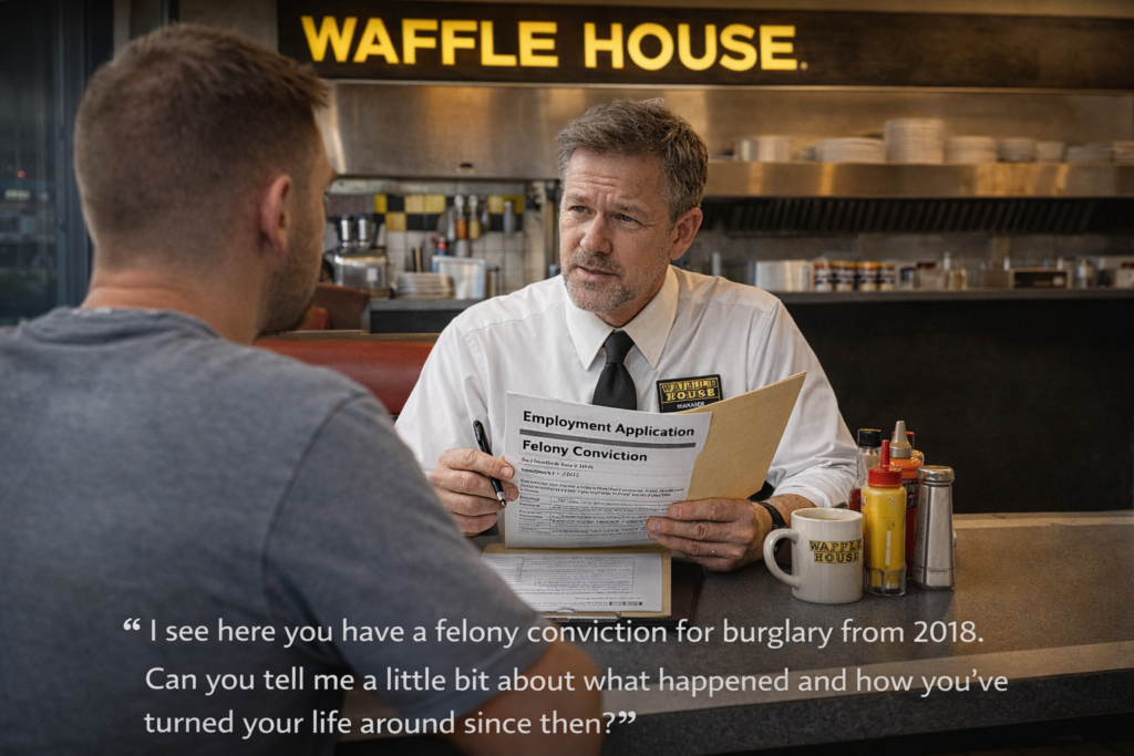 Image of a felon interviewing at waffle house.
