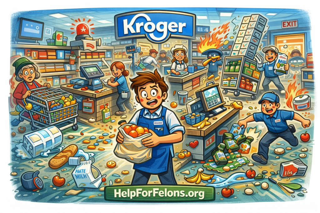 Funny cartoon image of a Kroger store gone crazy during a rush—spilled groceries, flying produce, carts everywhere, frazzled employees and surprised customers—while one worker tries to stay calm, with a visible HelpForFelons.org watermark.