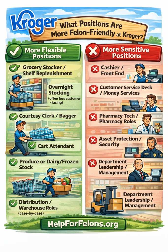 Cartoon-style infographic titled “What Positions Are More Felon-Friendly at Kroger?” showing two columns: More Flexible Positions (grocery stocker/shelf replenishment, overnight stocking, courtesy clerk/bagger, cart attendant, produce/dairy/frozen stock, distribution/warehouse roles) versus More Sensitive Positions (cashier/front end, customer service desk/money services, pharmacy tech/pharmacy roles, asset protection/security, department leadership/management), with a visible HelpForFelons.org watermark.