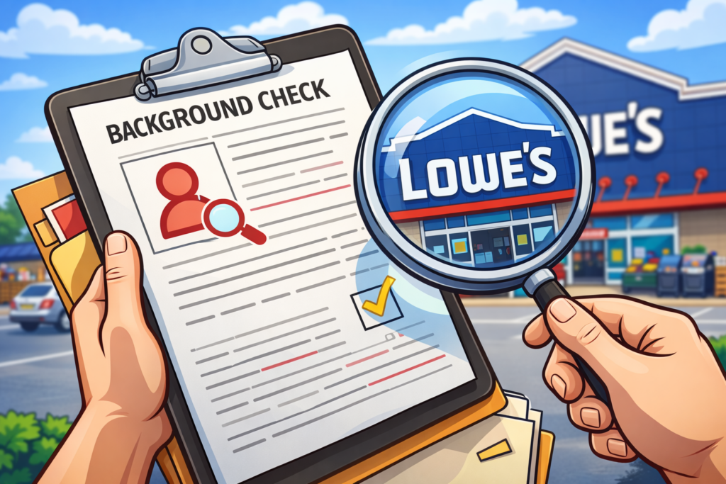 Cartoon illustration of a Lowe’s background check, showing a clipboard labeled “BACKGROUND CHECK” and a magnifying glass zooming in on a Lowe’s store sign in the background.