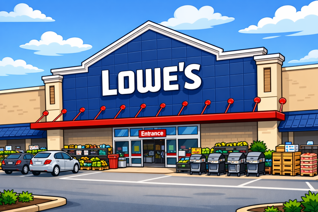 Cartoon-style illustration of a Lowe’s store exterior with a blue facade, red awning, cars in the parking lot, and garden/merchandise displays near the entrance.