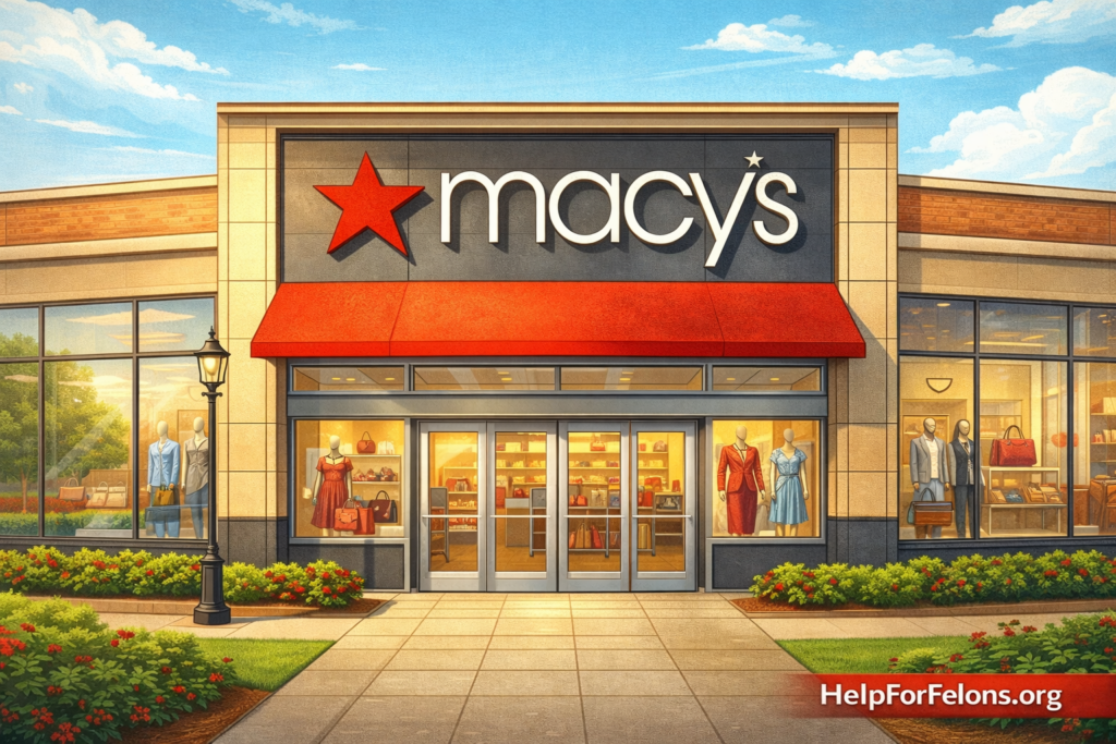Illustrated exterior of a Macy’s department store with the red star logo, front entrance, display windows, landscaping, and a visible HelpForFelons.org watermark