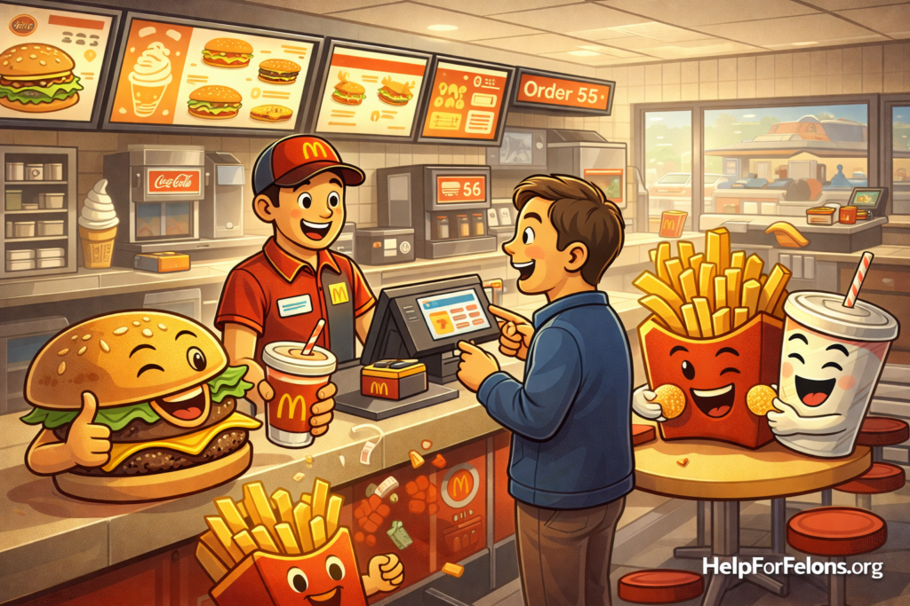 Funny cartoon image inside a McDonald’s restaurant showing a smiling employee and customer at the counter while animated burgers, fries, and drink cups celebrate nearby, with a visible HelpForFelons.org watermark.