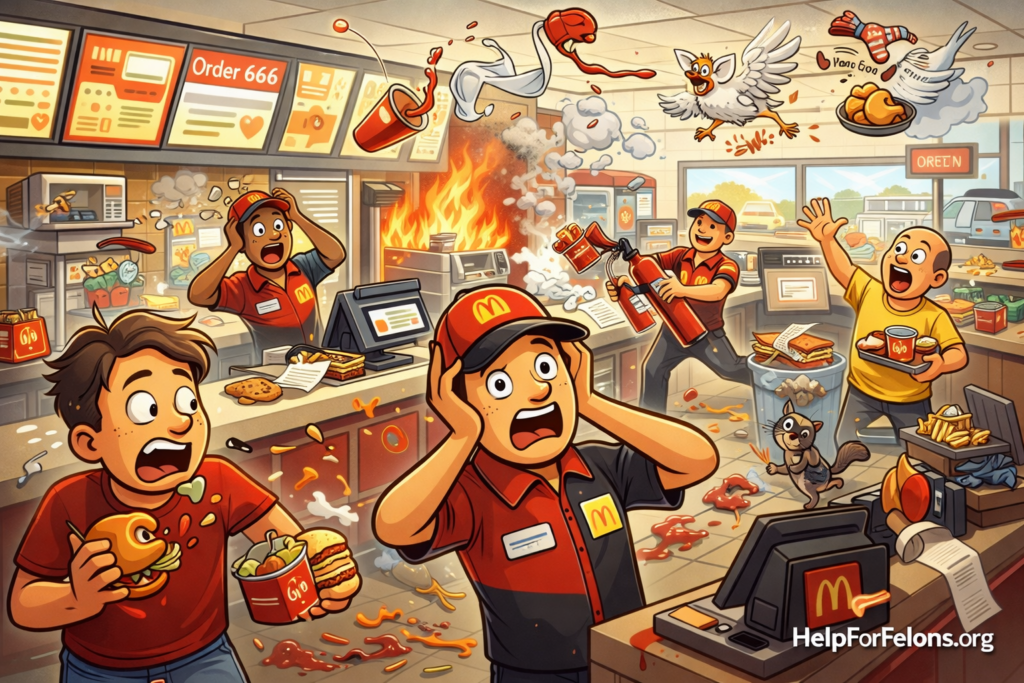 Funny cartoon image of a chaotic McDonald’s restaurant with panicked staff and customers, food and drinks flying, kitchen mishaps happening at once, and a visible HelpForFelons.org watermark.