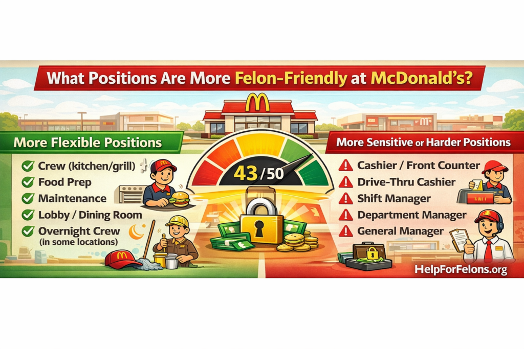 Wide infographic showing which McDonald’s positions are more felon-friendly, comparing flexible roles like crew, food prep, maintenance, lobby, and overnight crew against more sensitive roles like cashier and manager, with a HelpForFelons.org watermark.
