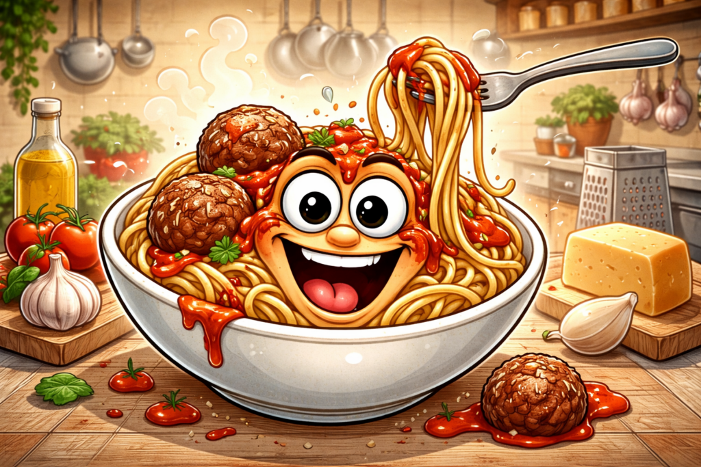 Funny cartoon image of a smiling bowl of spaghetti and meatballs with a face, big eyes, and a fork twirling noodles in a kitchen setting with sauce splashes and cooking ingredients around it.
