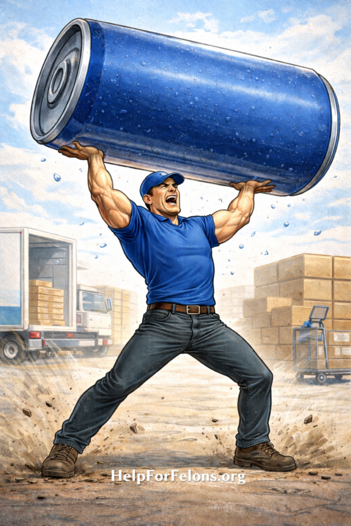 Cartoon-style illustration of a muscular warehouse worker lifting an oversized blue soda can overhead in an industrial loading area, with delivery truck and stacked boxes in the background and a visible HelpForFelons.org watermark at the bottom.