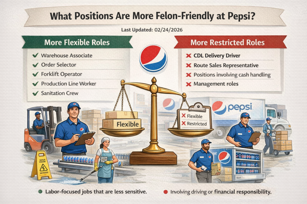 infographic titled “What Positions Are More Felon-Friendly at Pepsi?” showing a side-by-side comparison of more flexible roles like warehouse associate, order selector, forklift operator, and production worker versus more restricted roles like CDL driver and management, with a visible HelpForFelons.org watermark.
