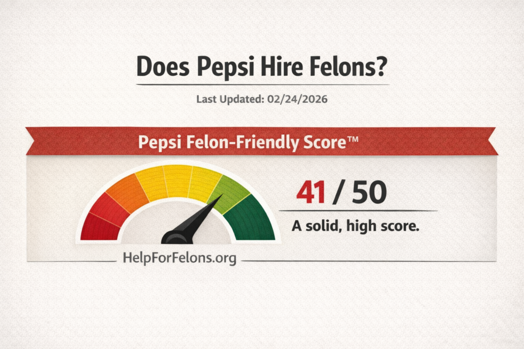 Wide banner graphic titled “Does Pepsi Hire Felons?” featuring a Pepsi Felon-Friendly Score™ meter showing 41 out of 50 with the gauge needle in the green zone, labeled “A solid, high score,” and a visible HelpForFelons.org watermark.