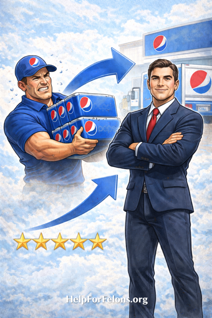 Cartoon-style illustration showing a warehouse worker lifting heavy soda cases on one side and the same man dressed in a suit on the other, with upward arrows symbolizing promotion potential and a HelpForFelons.org watermark at the bottom.