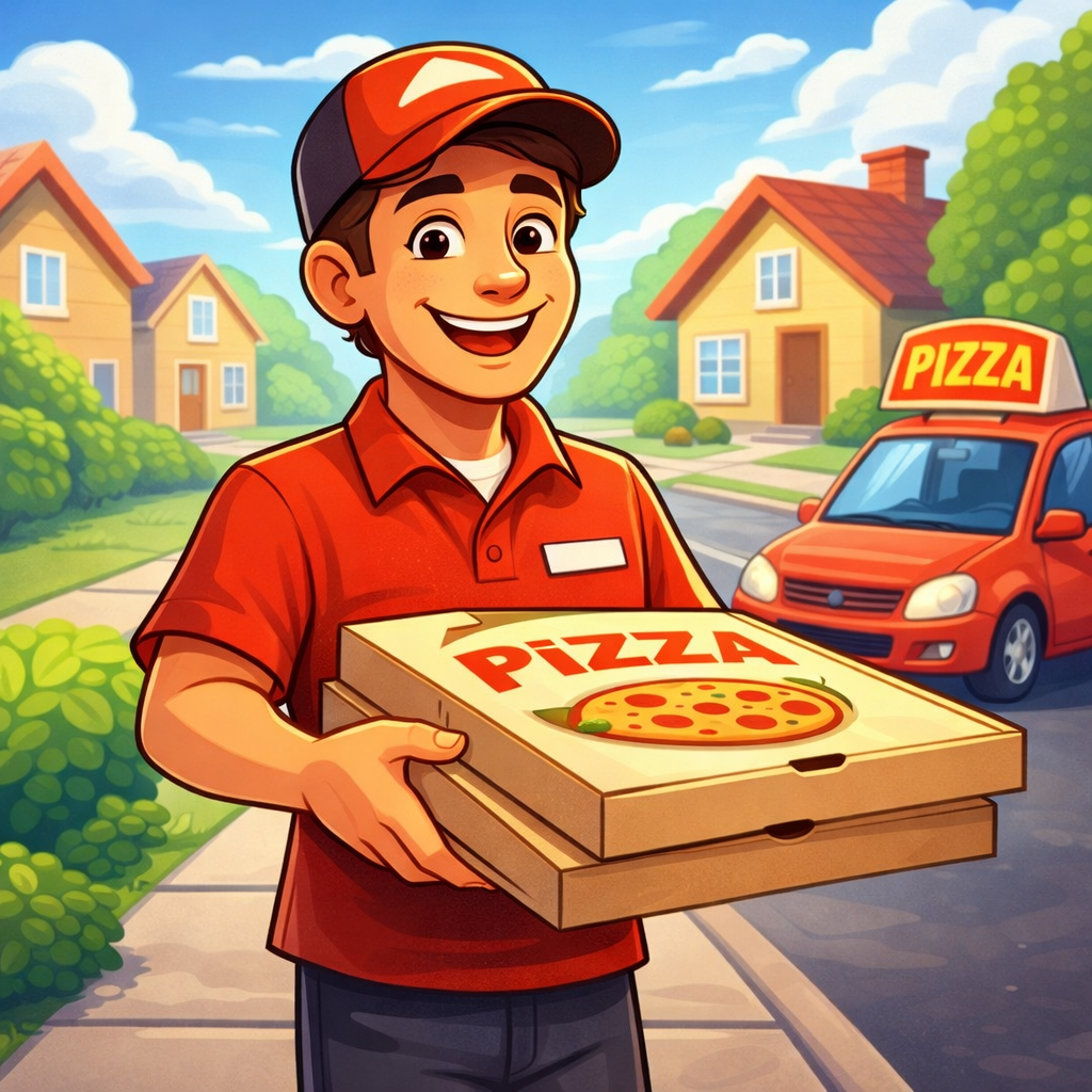 Cartoon-style illustration of a smiling pizza delivery driver wearing a red uniform and cap, holding two pizza boxes labeled “Pizza” while standing on a suburban sidewalk. A small red delivery car with a rooftop pizza sign is parked behind him, with houses, green lawns, and a bright blue sky in the background. The image has a cheerful, friendly tone suitable for a job-related article.