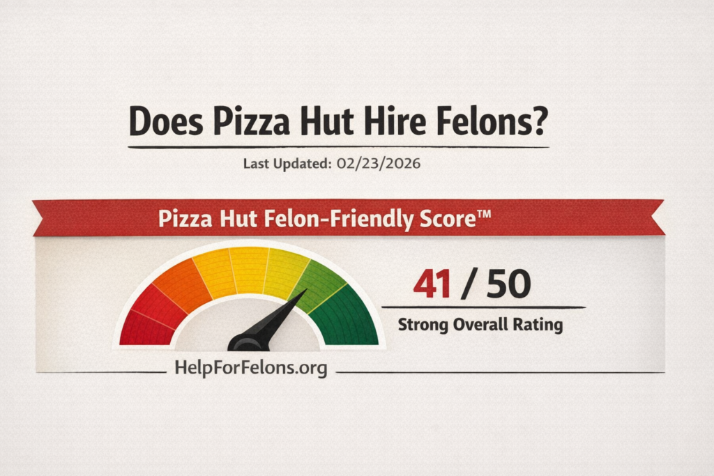 Wide banner graphic titled “Does Pizza Hut Hire Felons?” featuring a Pizza Hut Felon-Friendly Score™ meter showing 41 out of 50 with the gauge needle in the green zone and a visible HelpForFelons.org watermark.