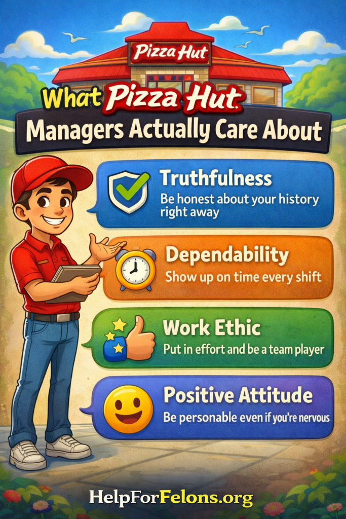 Infographic titled “What Pizza Hut Managers Actually Care About” featuring a cartoon-style restaurant manager standing in front of a pizza restaurant. The graphic highlights four key traits with colorful icons: Truthfulness (be honest about your history), Dependability (show up on time), Work Ethic (put in effort and be a team player), and Positive Attitude (be personable even if nervous). The image includes a HelpForFelons.org watermark at the bottom.