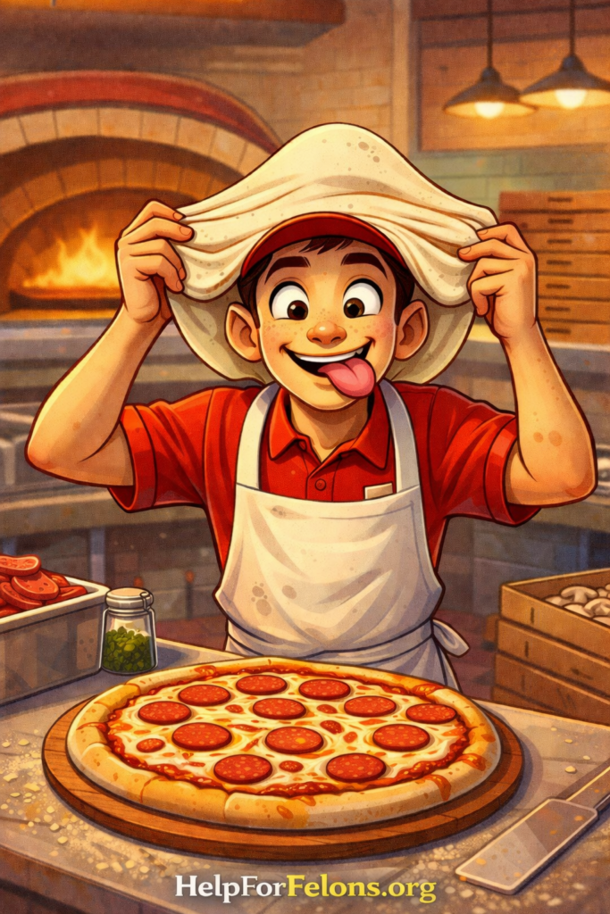 Cartoon-style illustration of a playful pizza maker in a red shirt and apron holding stretched pizza dough over his head like a hat while sticking his tongue out. A freshly made pepperoni pizza sits on the counter in front of him, with a brick oven glowing in the background. The image has a warm, cheerful pizzeria setting and includes a visible “HelpForFelons.org” watermark at the bottom. This image is for decoration.