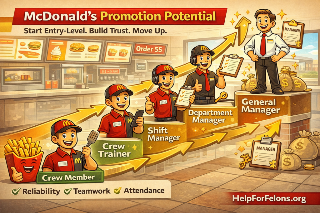 Wide infographic showing McDonald’s promotion potential from crew member to general manager, with step-by-step role progression, upward arrows, leadership icons, and a visible HelpForFelons.org watermark.