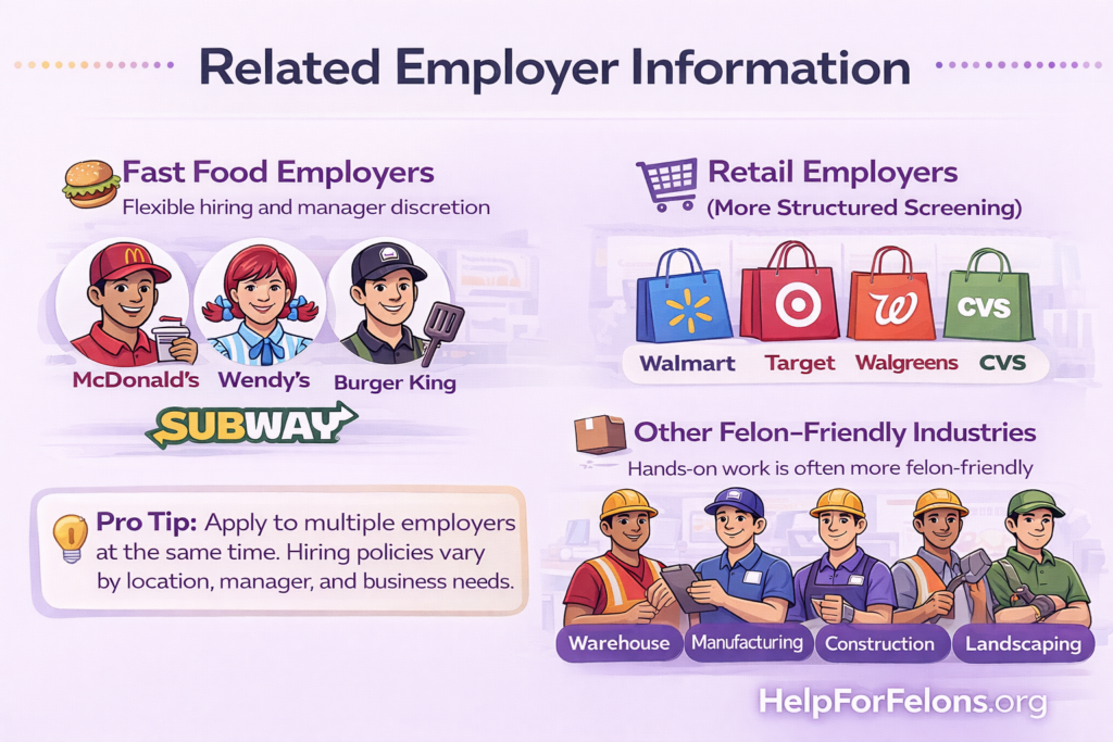 Cartoon infographic titled “Related Employer Information” showing fast food, retail, and other felon-friendly industries like warehouse and construction, with HelpForFelons.org watermark.