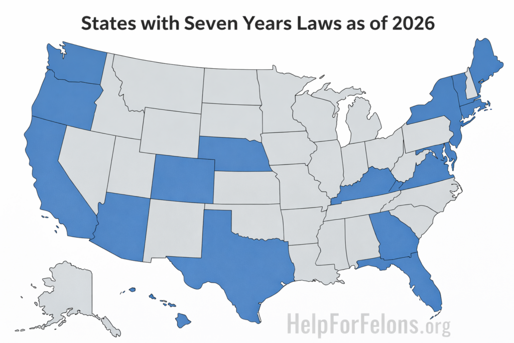 Image of a us map with the seven year states colored in as of the year 2026.