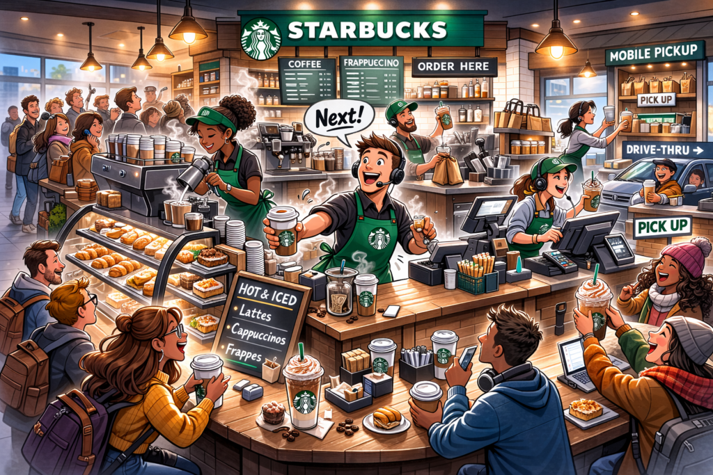 Cartoon illustration of an extremely busy Starbucks during rush hour with baristas making drinks and customers crowding the counter
