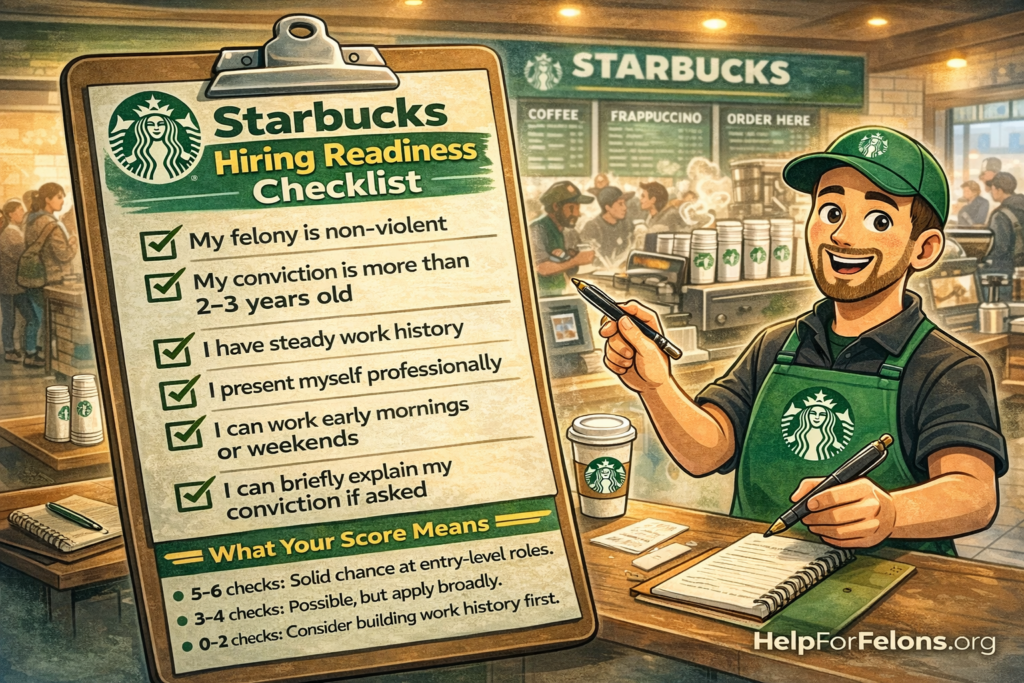 Cartoon-style Starbucks Hiring Readiness Checklist showing a barista holding a clipboard with checklist items