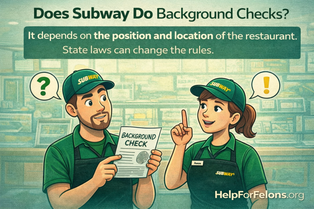 Cartoon of two Subway employees discussing a background check form under the heading “Does Subway Do Background Checks?” with HelpForFelons.org watermark.