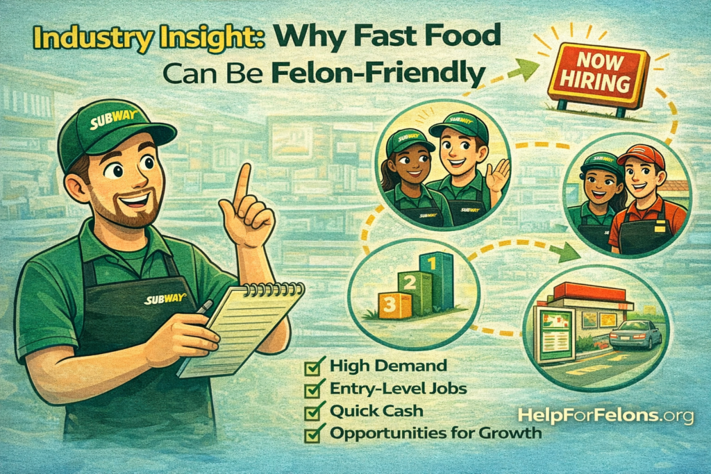 Cartoon infographic titled “Industry Insight: Why Fast Food Can Be Felon-Friendly” showing a Subway employee and hiring icons, with HelpForFelons.org watermark.