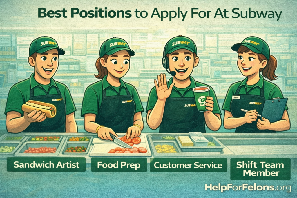 Cartoon image showing best positions to apply for at Subway, including sandwich artist, food prep, customer service, and shift team member, with HelpForFelons.org watermark.