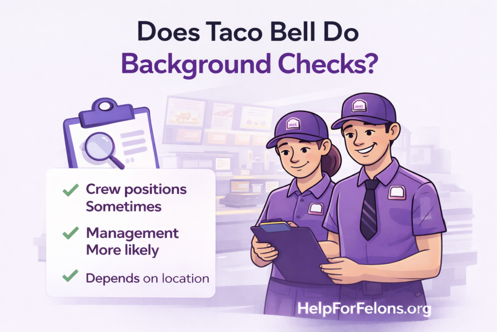Cartoon of Taco Bell employees reviewing paperwork with text explaining background check policies vary by position and location.