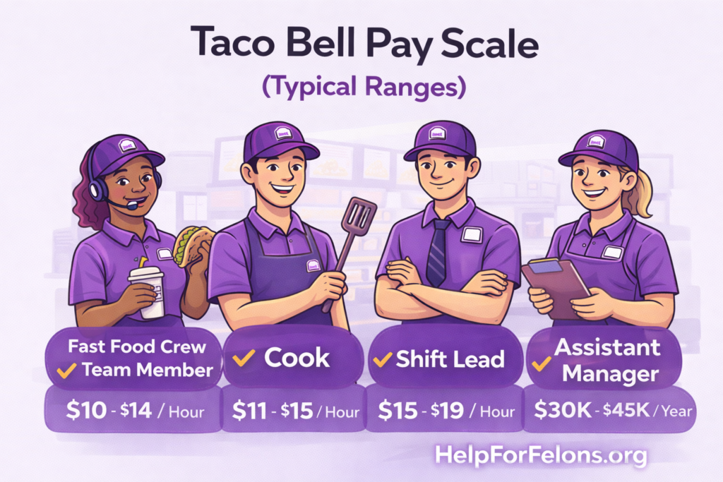 Cartoon infographic showing Taco Bell pay scale ranges for crew member, cook, shift lead, and assistant manager positions.