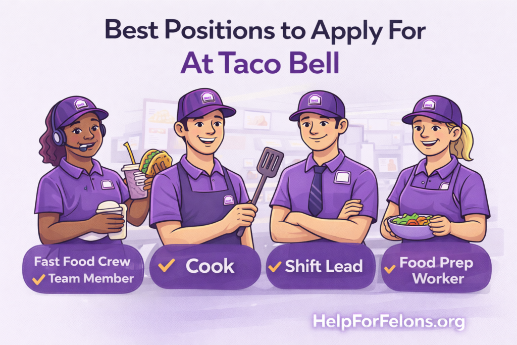 Cartoon of Taco Bell employees showing best positions to apply for as a felon, including crew member, cook, shift lead, and food prep worker.