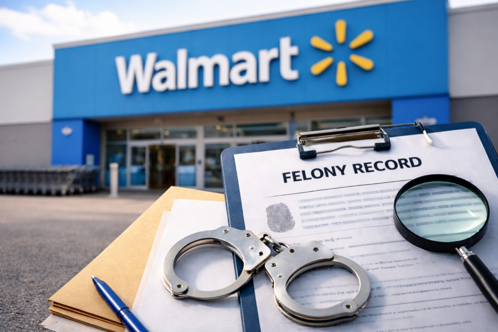 Image of a Walmart with words criminal record/felony.
