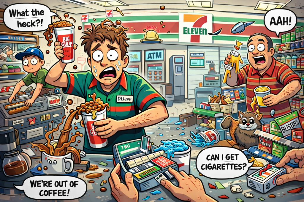 Funny cartoon illustration of a chaotic day working at a 7 Eleven store with soda spilling everywhere, confused customers, a raccoon knocking over snacks, and an overwhelmed employee trying to manage the mess.