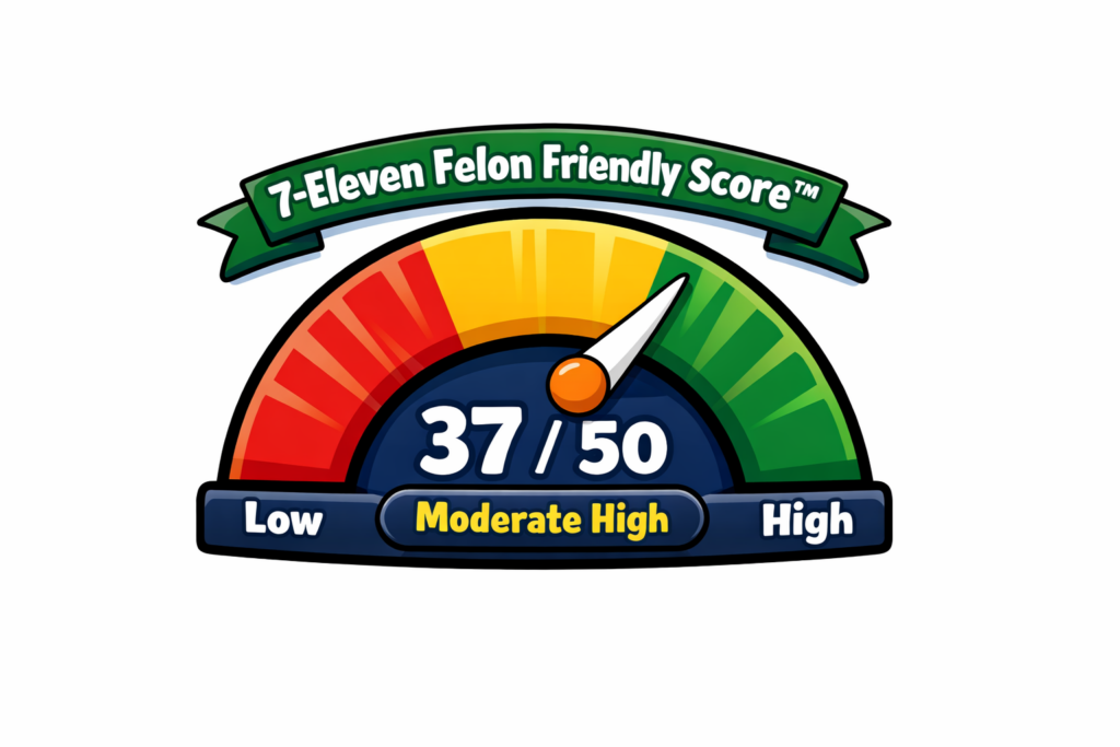 Cartoon style 7 Eleven Felon Friendly Score™ meter showing a score of 37 out of 50 in the Moderate High range, with a gauge needle pointing near the green section and labels for low, moderate high, and high.