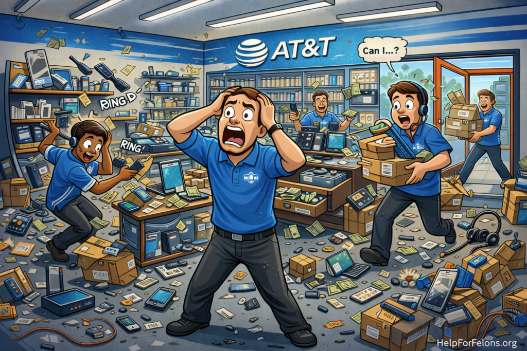Funny cartoon of a chaotic AT&T store with overwhelmed employees, ringing phones, scattered devices, boxes everywhere, flying money, and a messy sales floor, with a visible HelpForFelons.org watermark.