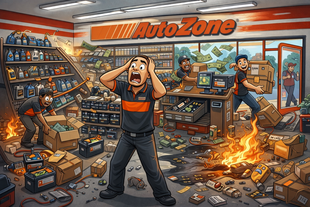 Funny cartoon of an AutoZone store in total chaos, with overwhelmed employees, falling shelves, spilled motor oil, scattered boxes, flying money, small fires, and a messy checkout area.