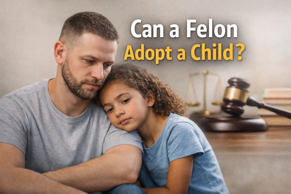 Soft, hopeful hero image showing a man with a serious expression sitting with a young child in a calm home setting, designed to represent the question of whether someone with a felony can adopt a child. Visible HelpForFelons.org watermark included.