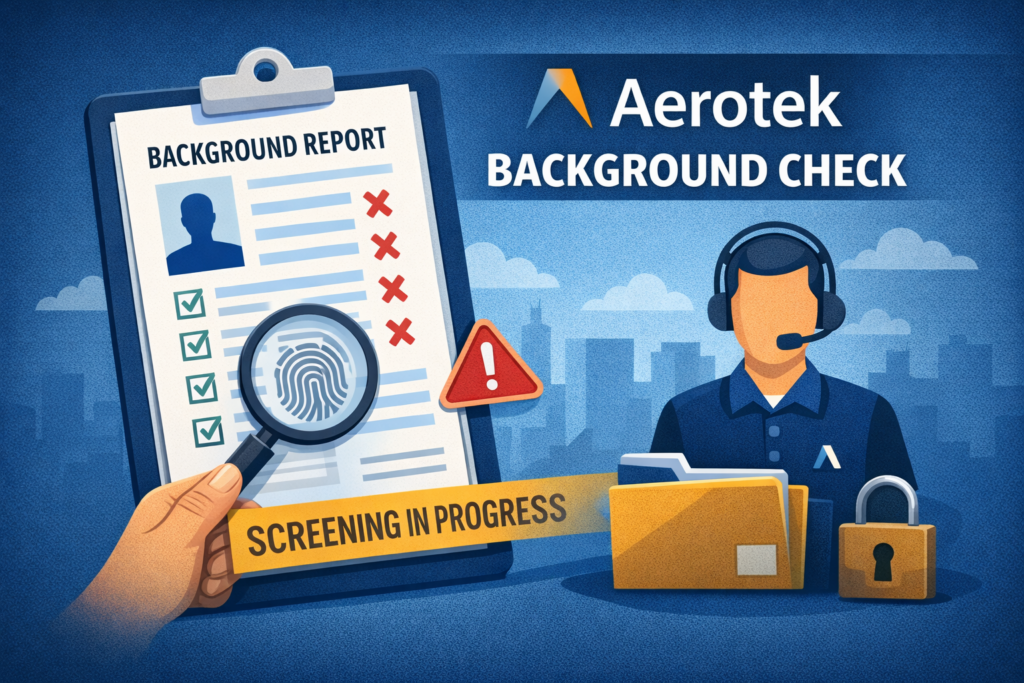 Aerotek Background Check illustration showing a large clipboard labeled background report, a magnifying glass over a fingerprint, a recruiter wearing a headset, a secure file folder, a padlock, and a screening in progress banner on a blue background.