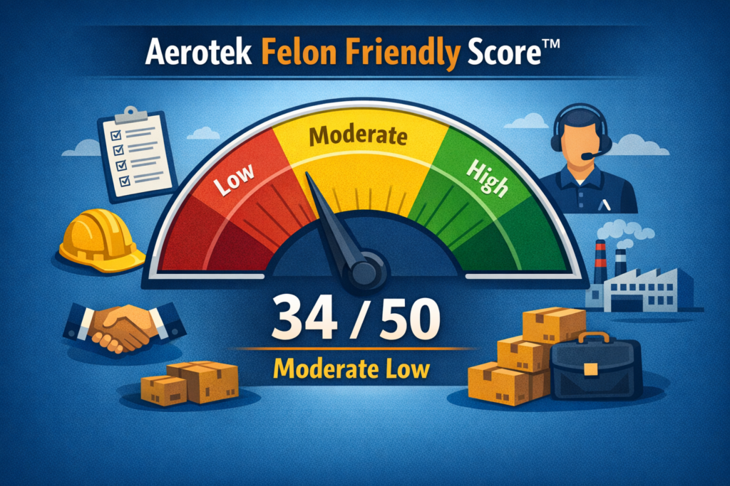 Aerotek Felon Friendly Score™ meter infographic showing a score of 34 out of 50 in the Moderate Low range, with a gauge needle near the low to moderate section and staffing themed icons like a hard hat, clipboard, handshake, headset worker, factory, boxes, and briefcase on a blue backgr