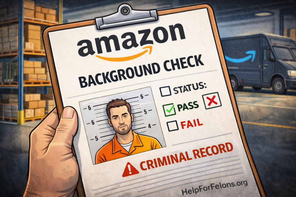 Cartoon style Amazon background check image showing a clipboard with pass and fail boxes, a criminal record warning, mugshot style photo, warehouse shelves, delivery van, and a visible HelpForFelons.org watermark.