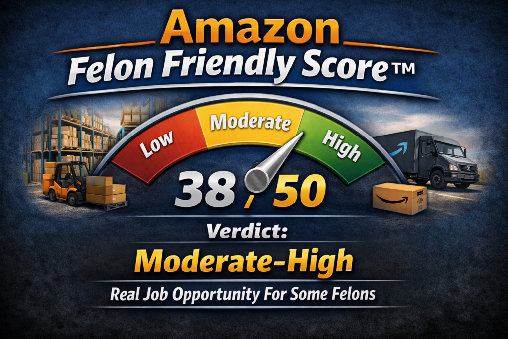 Amazon Felon Friendly Score™ meter showing 38 out of 50 with a Moderate High verdict, featuring warehouse shelves, a forklift, packages, and a delivery truck, with HelpForFelons.org branding.