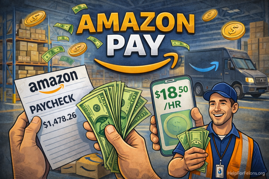 Cartoon style Amazon pay image showing a warehouse worker smiling with cash, a paycheck, hourly pay on a phone screen, floating money, warehouse shelves, delivery van, and a visible HelpForFelons.org watermark.