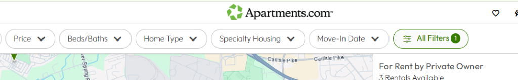 Image of apartments.com filter location. It is a screenshot from their website.